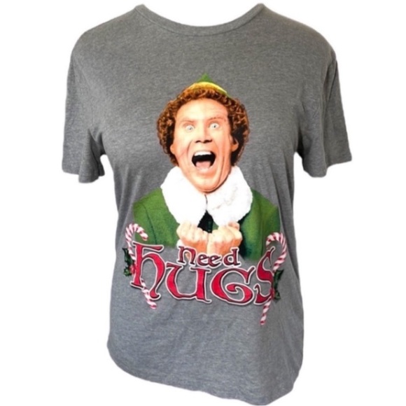 Elf Need Hugs Pajama Top Christmas Gray Pj Tee Cotton Poly Red Green Holiday L - Picture 1 of 17